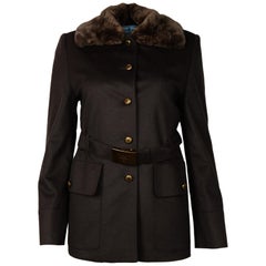 Prada Brown Wool/Cashmere Jacket W/ Beaver Fur Collar & Prada Logo Brass Belt Sz