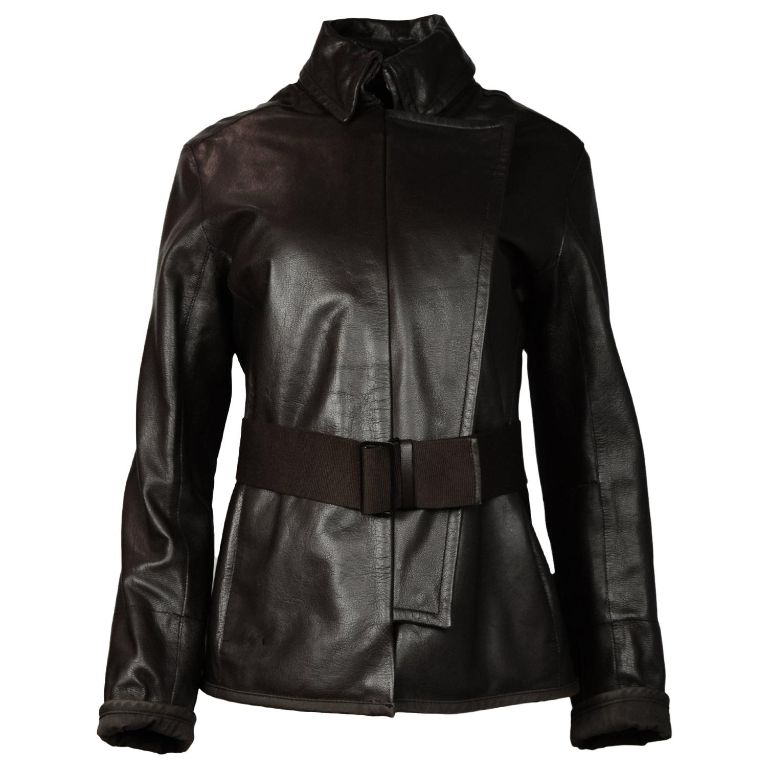 Prada Brown Leather Jacket W/ Collar & Asymmetrical Snap Front Sz 44