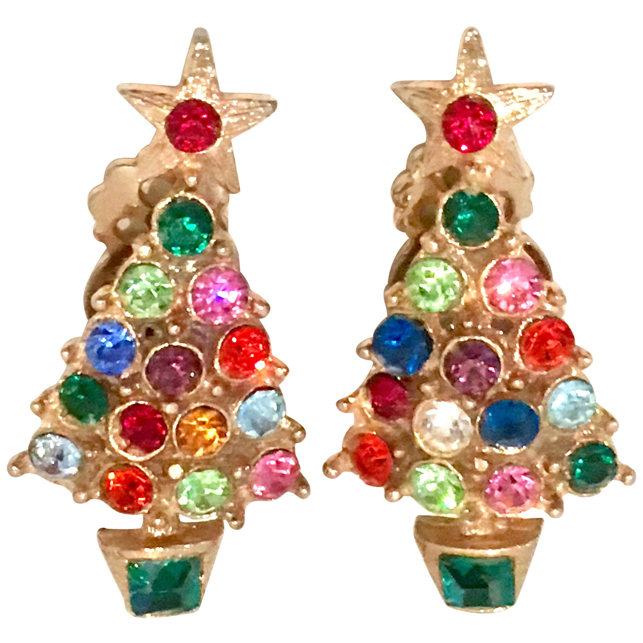 20th Century Pair Of Gold & Swarovski Crystal Christmas Tree Earrings