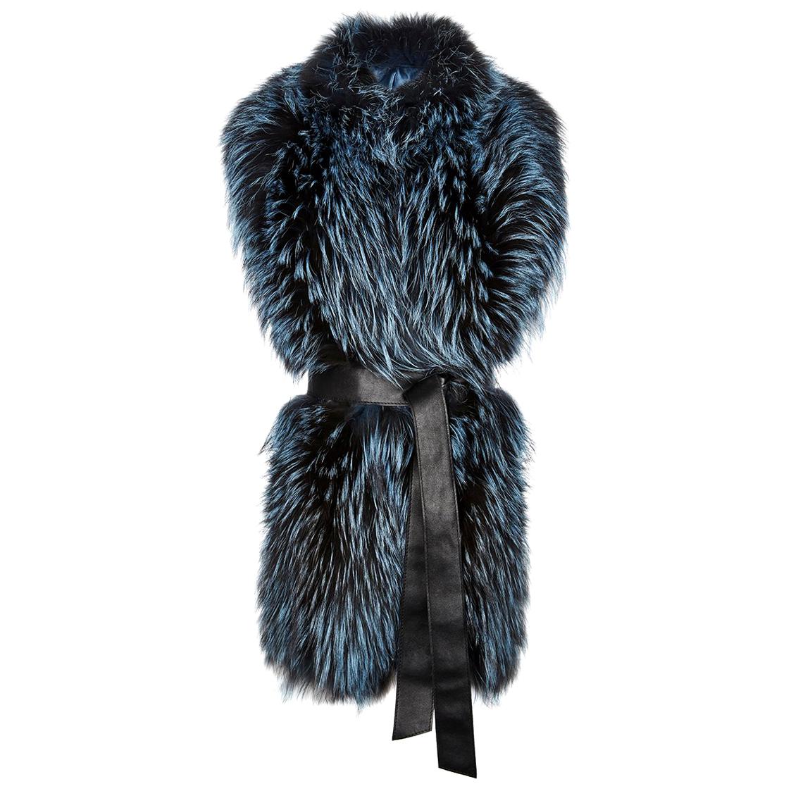 Verheyen London Nehru Collar Stole in Soft Blue Fox Fur & Silk Lining