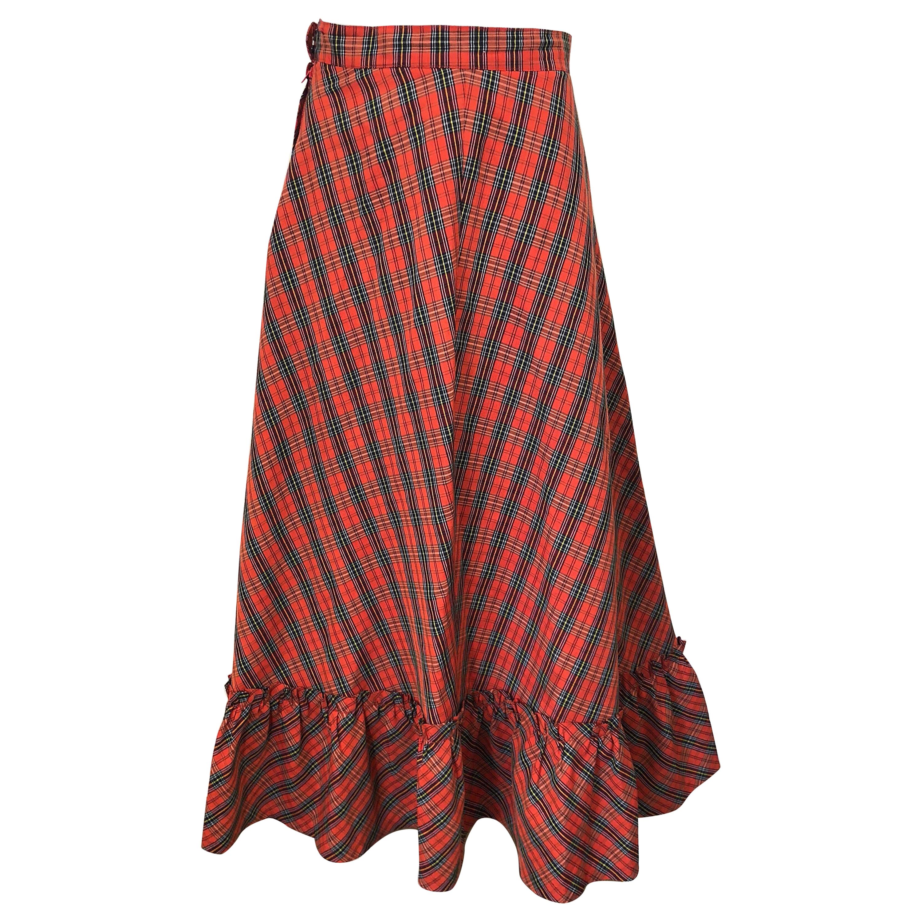 1970s Red Plaid Cotton Voile Ruffled Hem Vintage 70s Maxi Skirt For Sale
