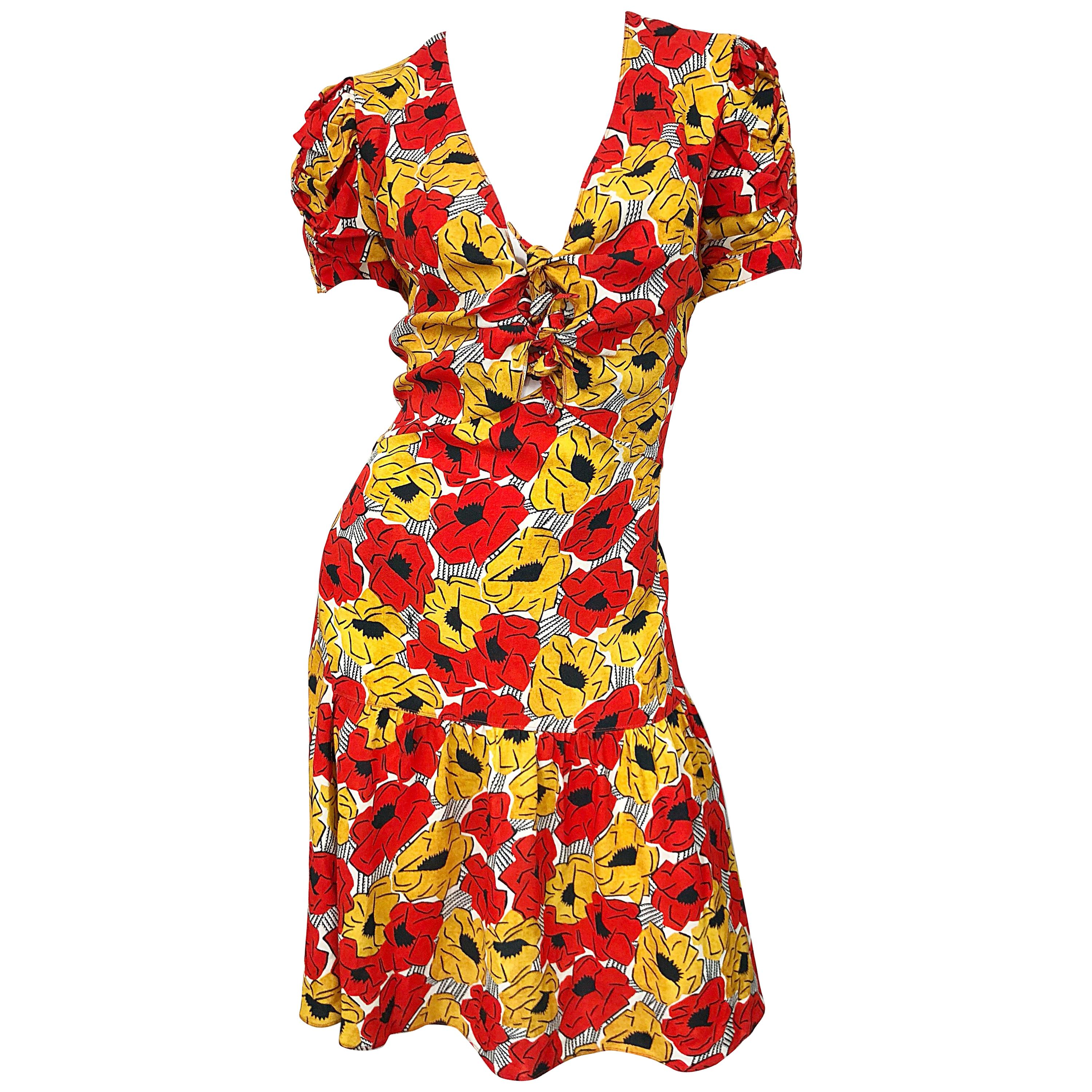 Yves Saint Laurent YSL Size 42 / 10 Yellow + Red Poppy Print Drop Waist Dress