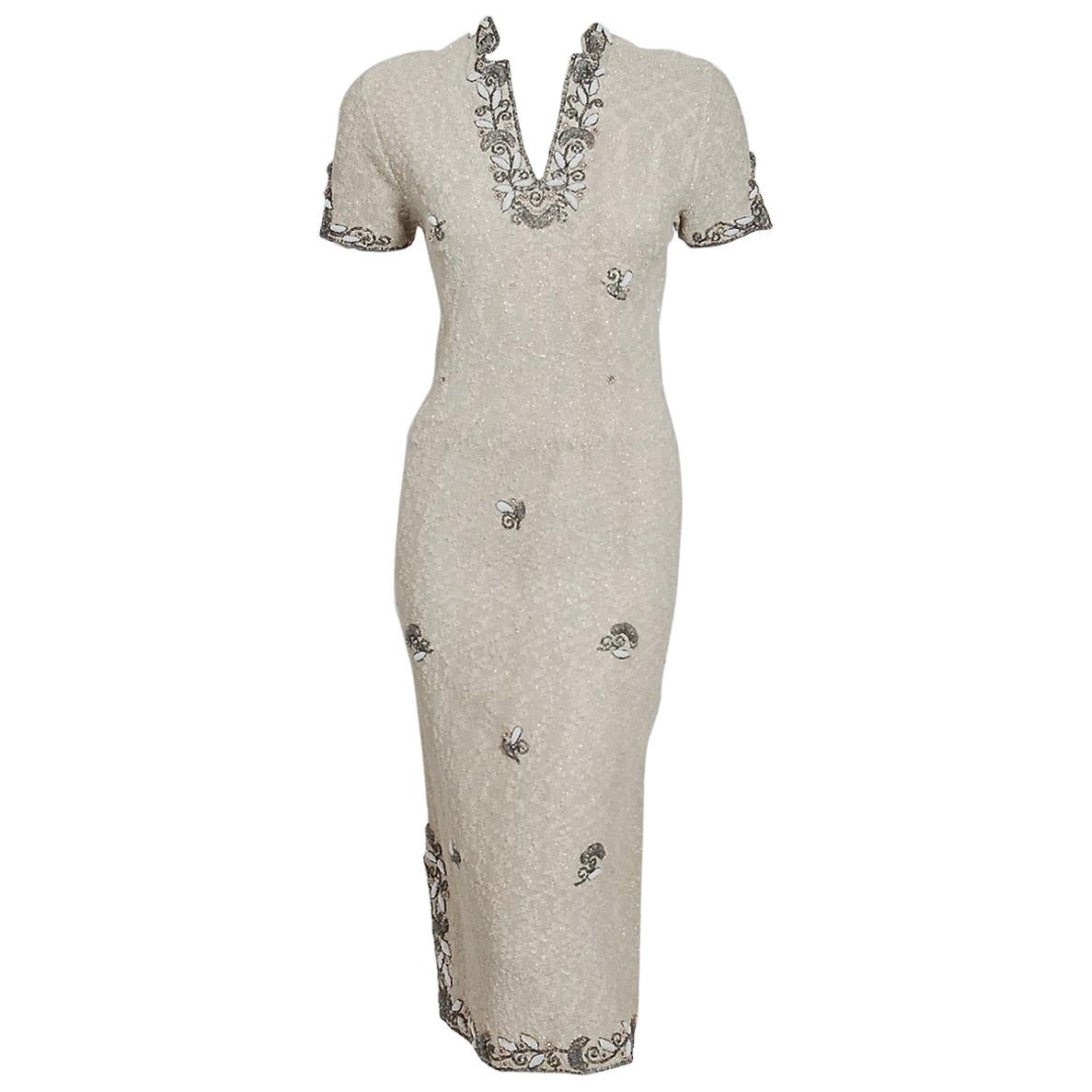 1940's Metallic Creme Wool Knit Beaded Floral-Motif Hourglass Cocktail Dress