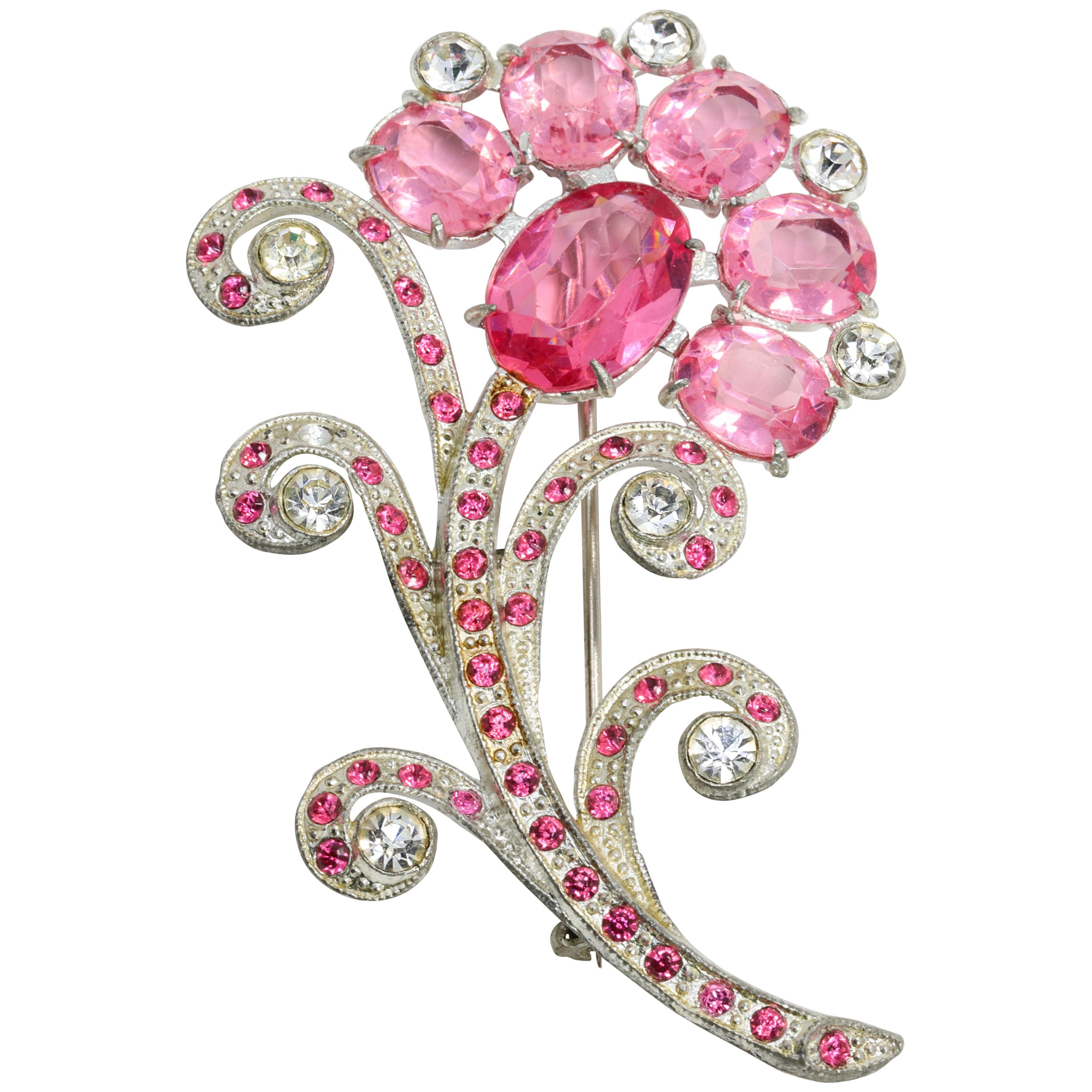 H. Pomerantz Rose and Clear Crystal Silver Flower Pin Brooch, 1930s