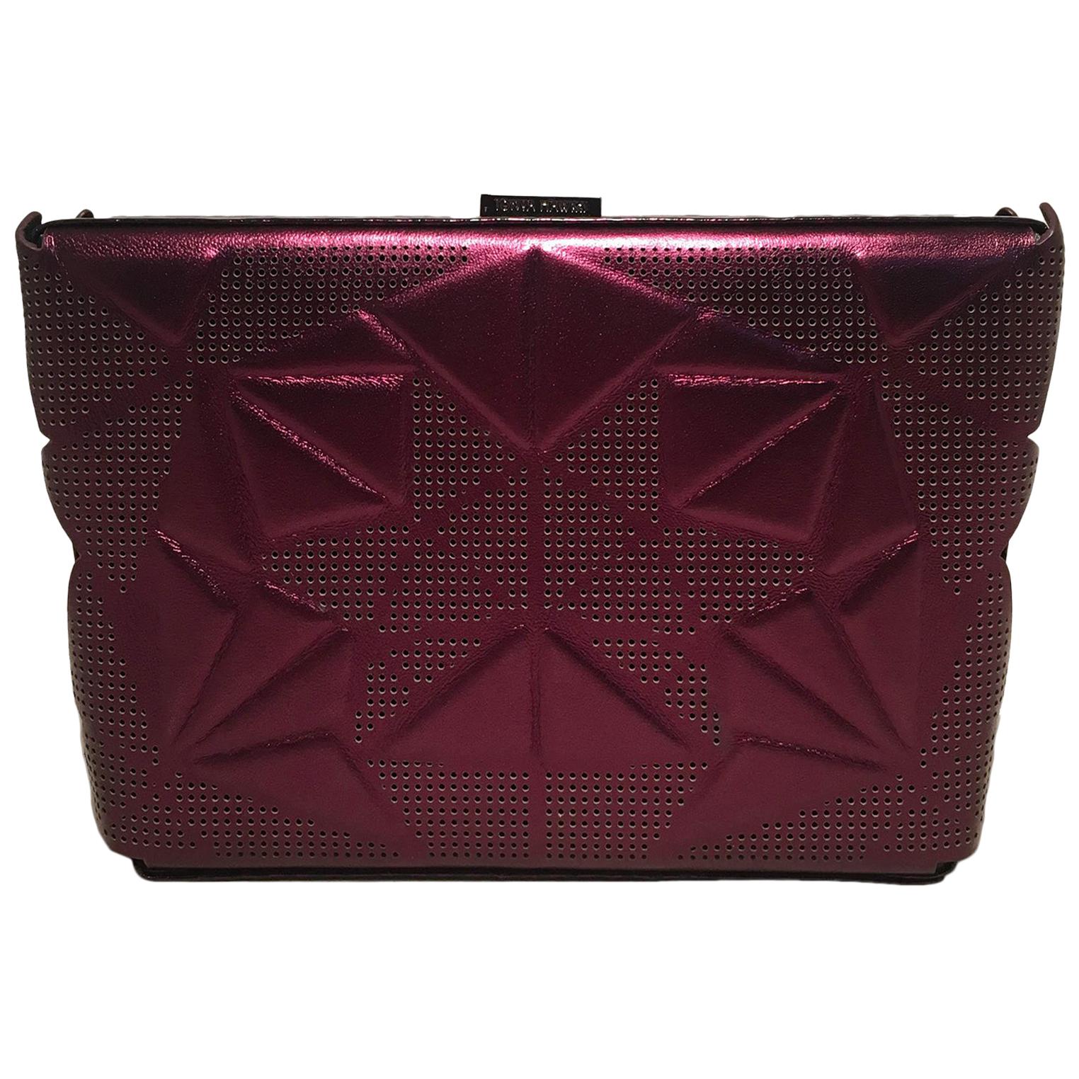 Tonya Hawkes Purple Metallic Embossed and Laser Cut Leather Clutch For Sale