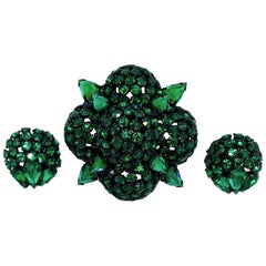 Vintage Circa 1960s Warner Emerald Faceted Glass Brooch and Earrings