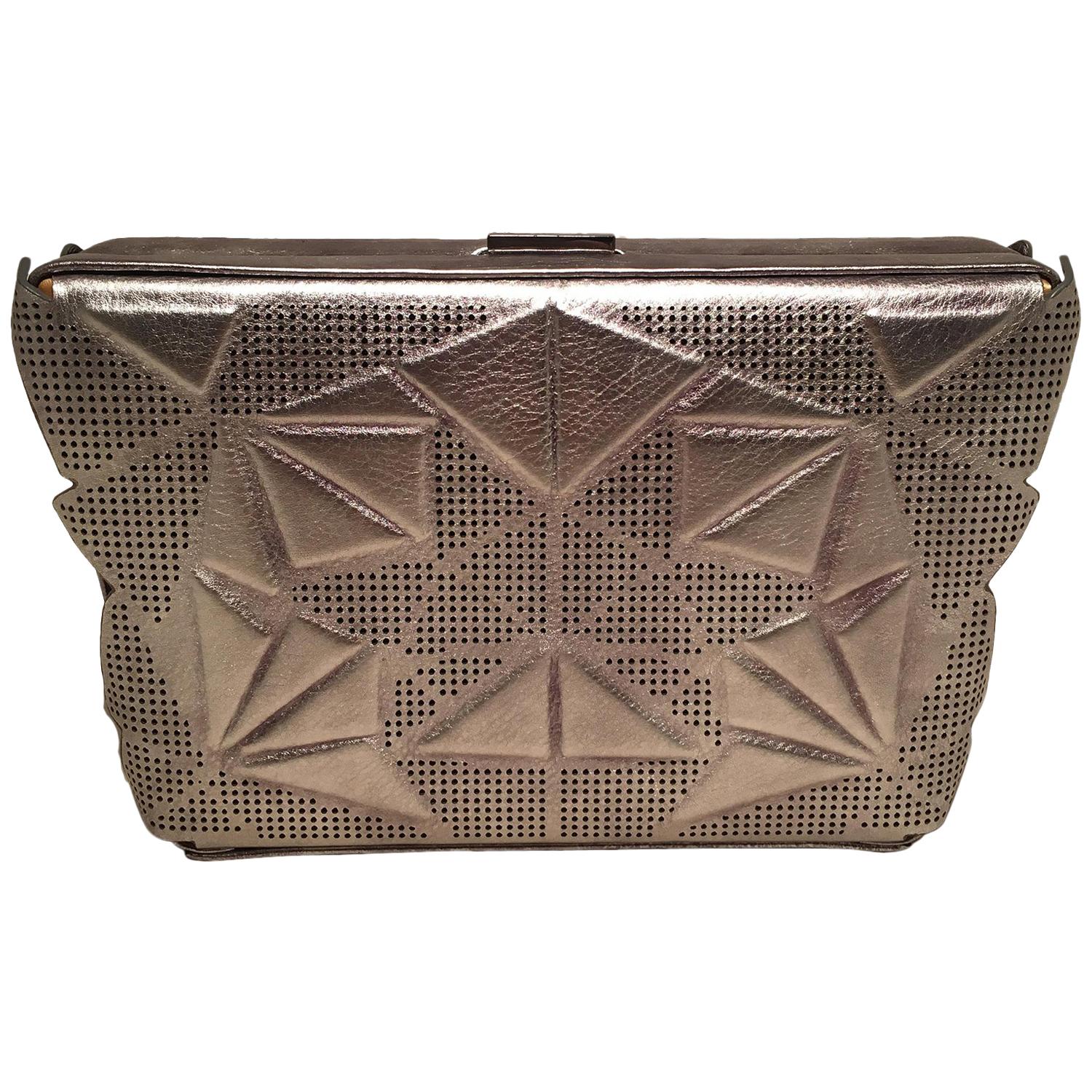 Tonya Hawkes Silver Metallic Embossed and Laser Cut Leather Convertible Clutch For Sale