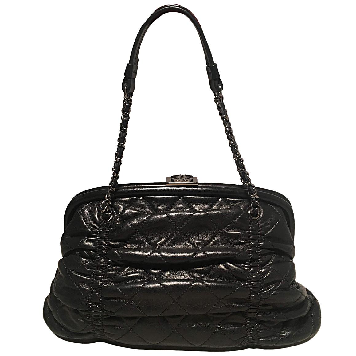 Chanel Black Quilted Ruched Leather Small Sharpei Frame Handbag