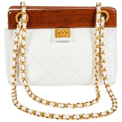 CHANEL Vintage Bag in Brown Wood and White Quilted Grained Leather