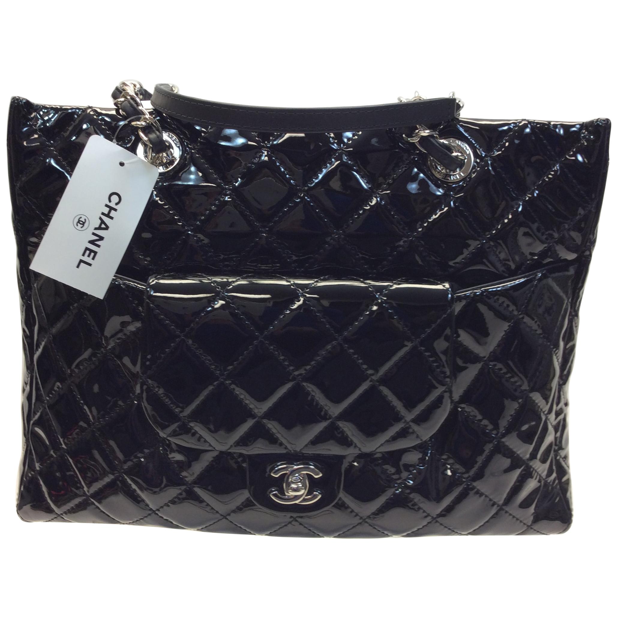 Chanel Black Patent Leather Large Shopping Tote NWT For Sale