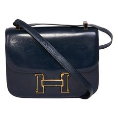 HERMES Retro Constance Bag in Navy Blue Leather Box