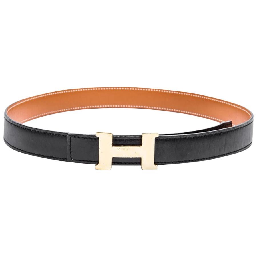 HERMES H Reversible Belt in Black and Gold Leather Size 70FR