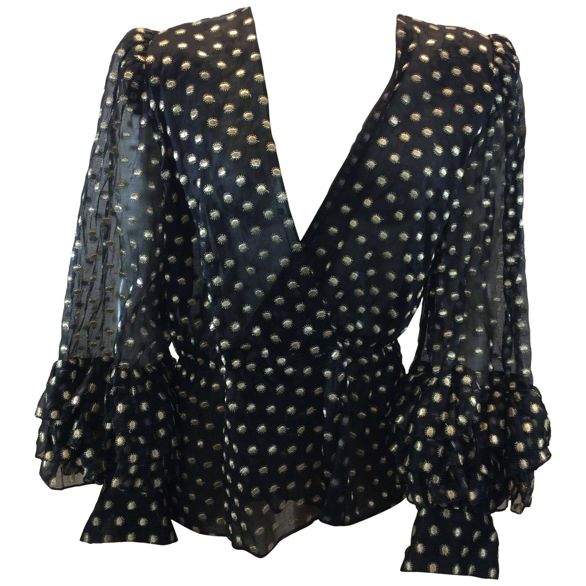 Givenchy Couture Black and Gold Print Blouse For Sale