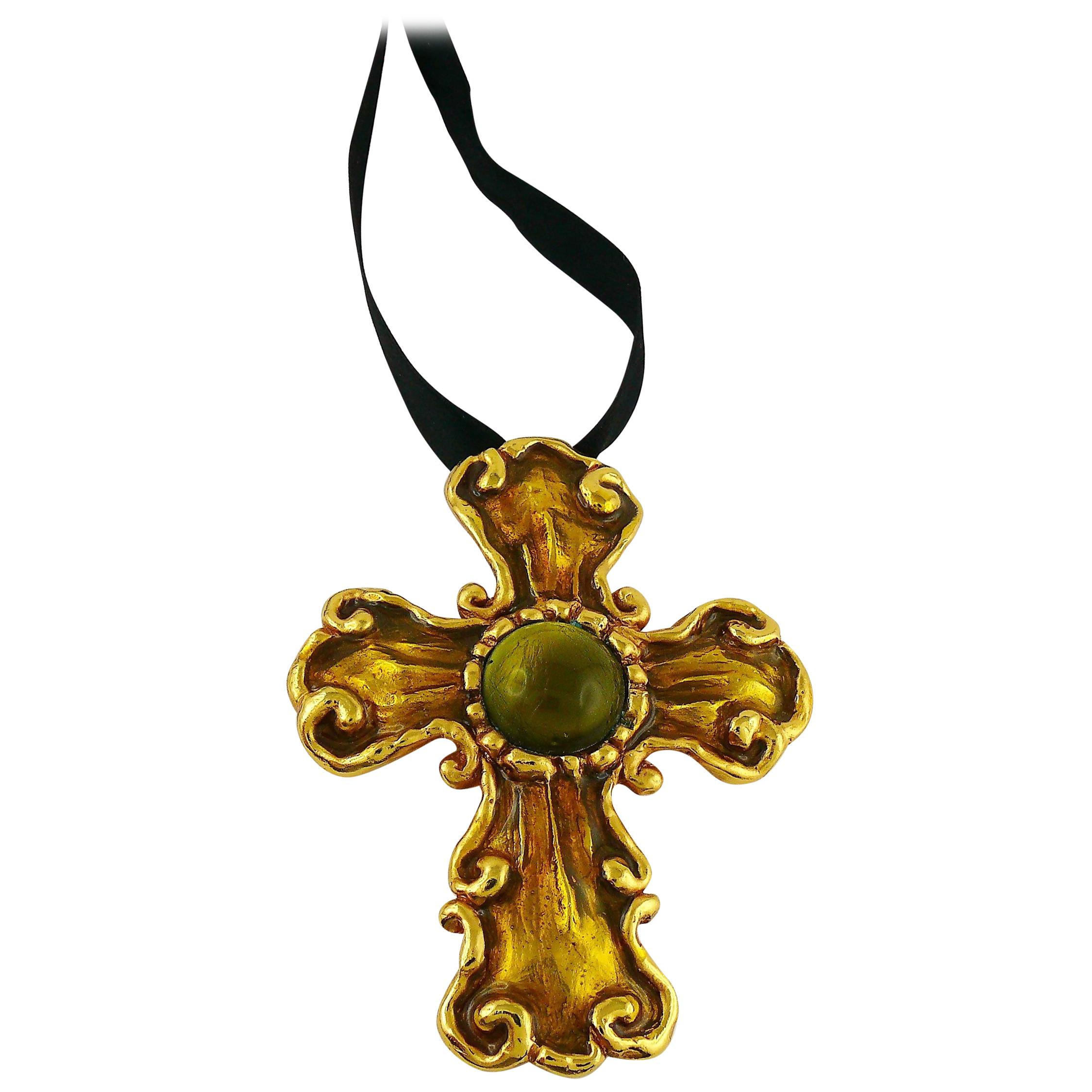 Christian Lacroix Vintage Gold Toned Enameled Cross Pendant Necklace