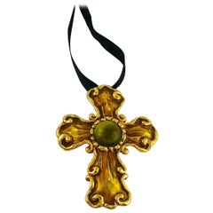 Christian Lacroix Vintage Gold Toned Enameled Cross Pendant Necklace
