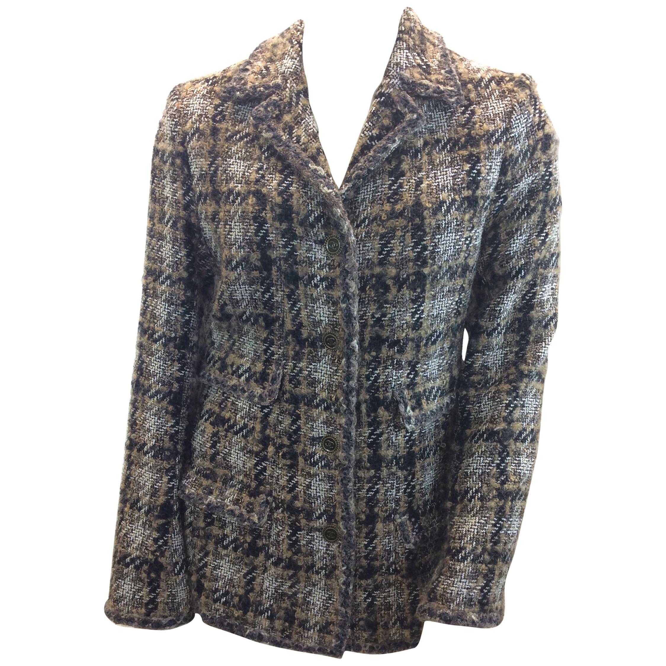 Chanel Black and Tan Plaid Wool Jacket For Sale