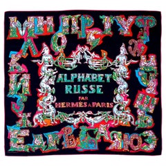 Hermès Silk Scarf ALPHABET RUSSE Evgenia Miroshnichenko Rare in Black 90 cm