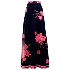 LEONARD PARIS Midnight Blue & Pink Azalea Print Velvet Maxi Skirt, circa 1970s