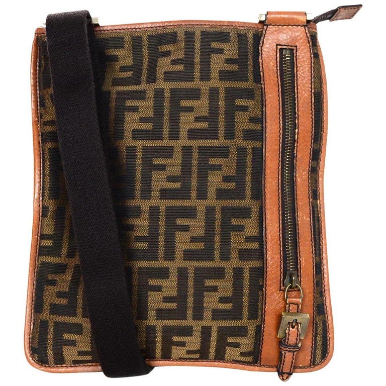 Fendi Vintage Brown Monogram Zucca Flat Messenger Bag W/ Front Zipper