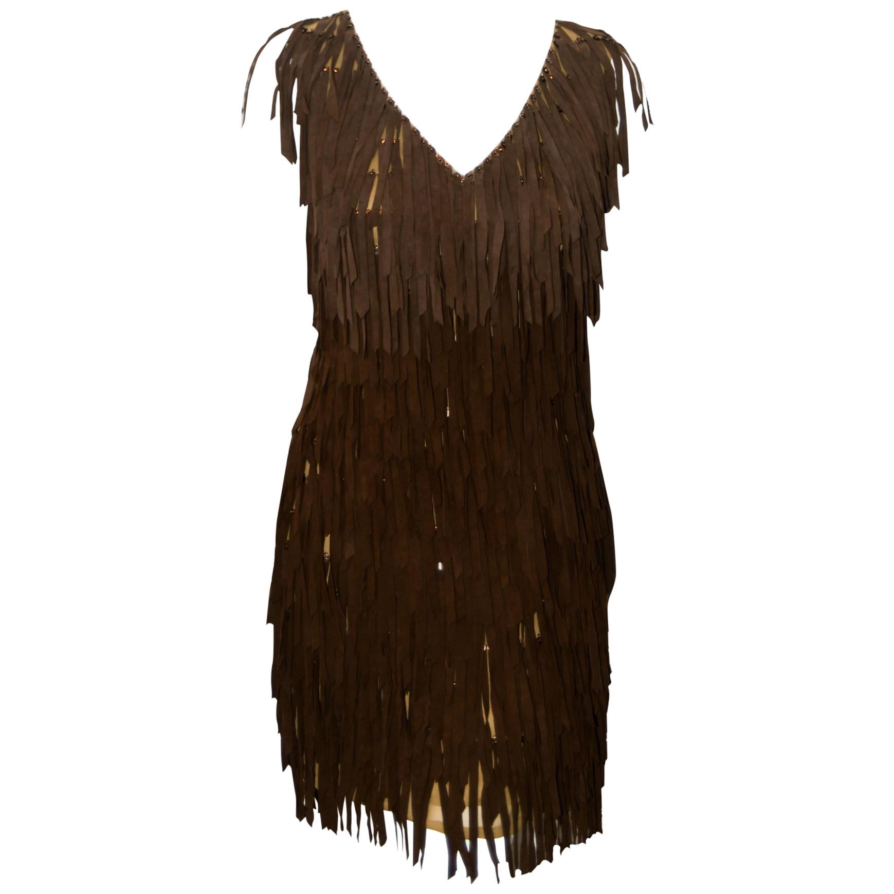 G-lish Beaded Fringe Brown Dress Country Meets Rock & Roll For Sale