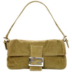 Used Fendi Beige Corduroy Baguette Bag w/  Silvertone Logo Buckle