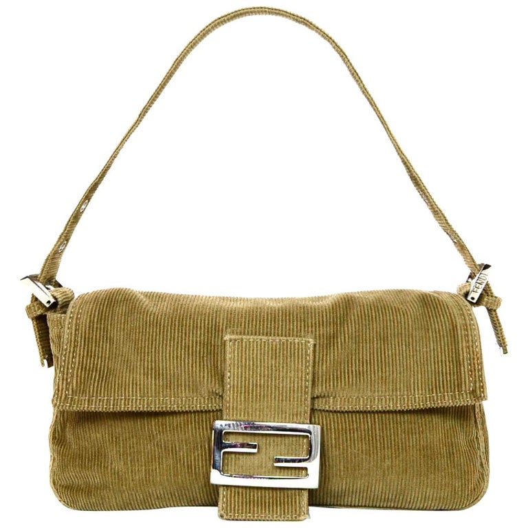 Fendi Beige Corduroy Baguette Bag w/ Silvertone Logo Buckle at 1stDibs