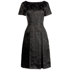 1960s Vintage Black Satin Floral Brocade Cocktail Dress with Box Pleats