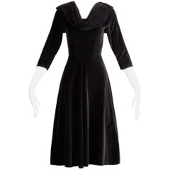 1940s Antique Black Velvet Cocktail Dress with Collar + 3/4 Cropped Sleeves