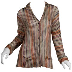 1970s Missoni Retro Sheer Striped Knit/ Crochet Cardigan Sweater Jacket