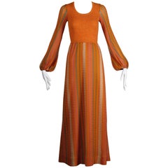 1970s Joseph Magnin Vintage Orange Pink + Green Wool Knit Sweater Maxi Dress