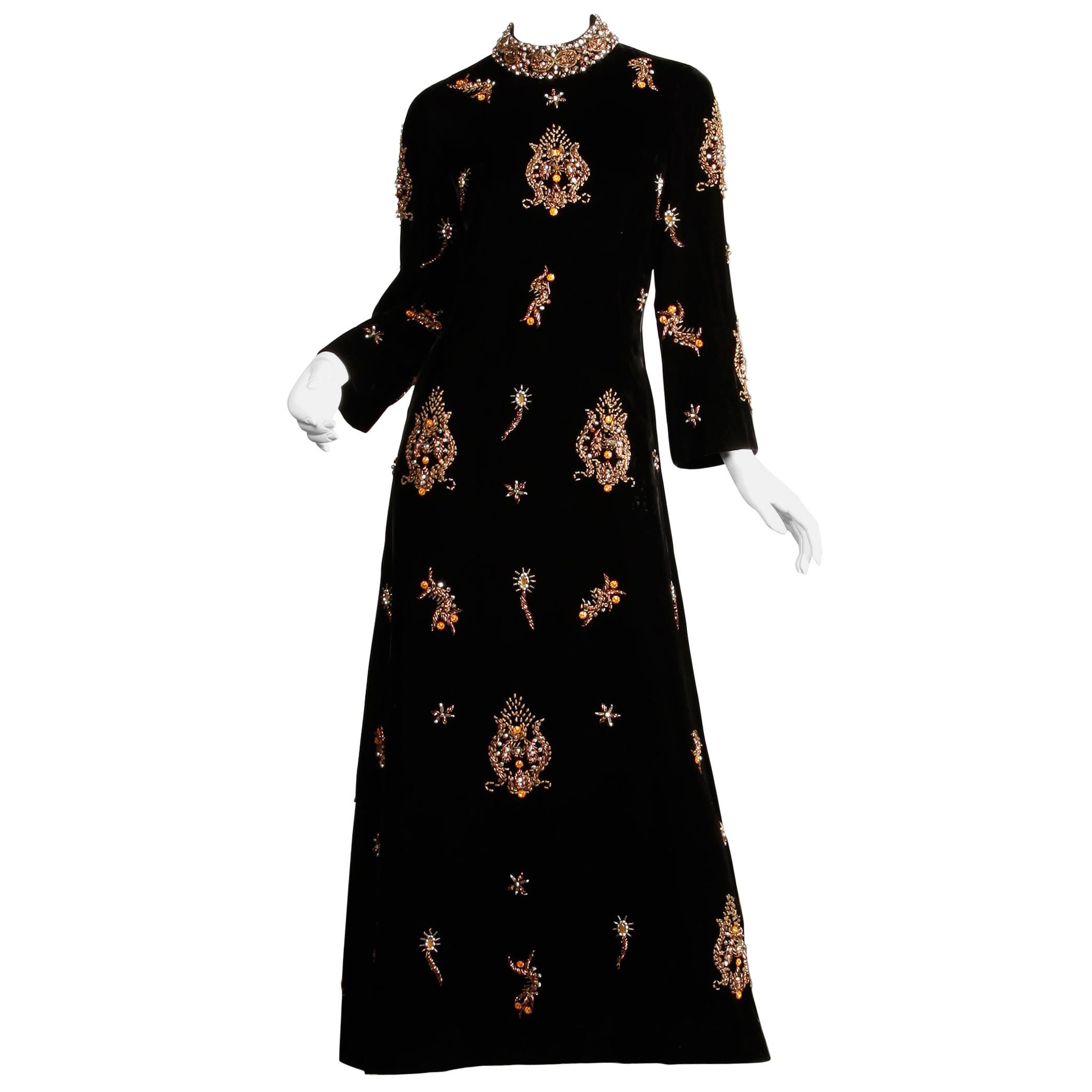1960s Vintage Black Velvet Evening Gown Dress with Metallic Beaded Embellishment