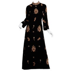 1960s Vintage Black Velvet Evening Gown Dress with Metallic Beaded Embellishment