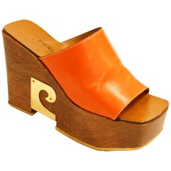 Rare 1970s Pierre Cardin Orange Leather and Wood Platform Mules, Iconic 