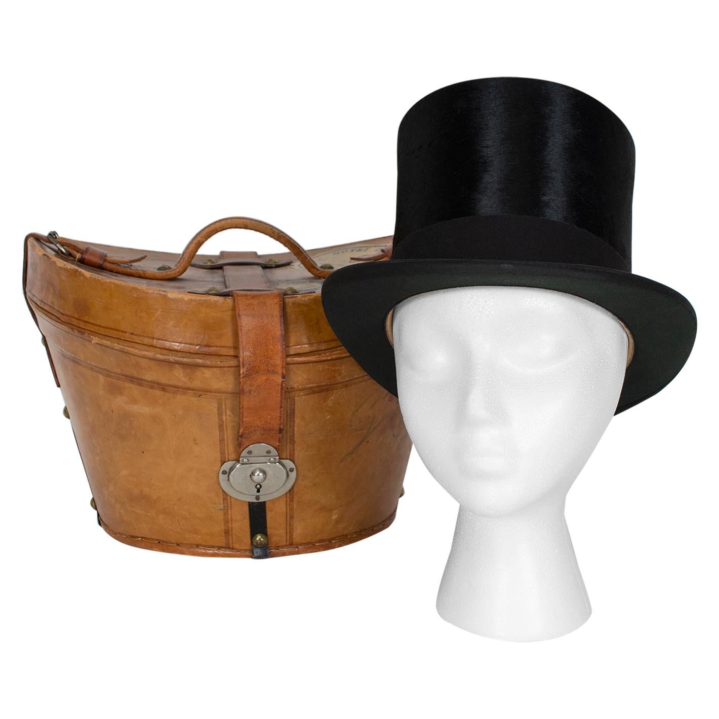 Harrod's Beaver Fur Top Hat and Travel Case with Transport Stickers, 1910