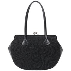 CHANEL c.1990's Black Woven Leather Kiss Lock Shoulder Bag Purse