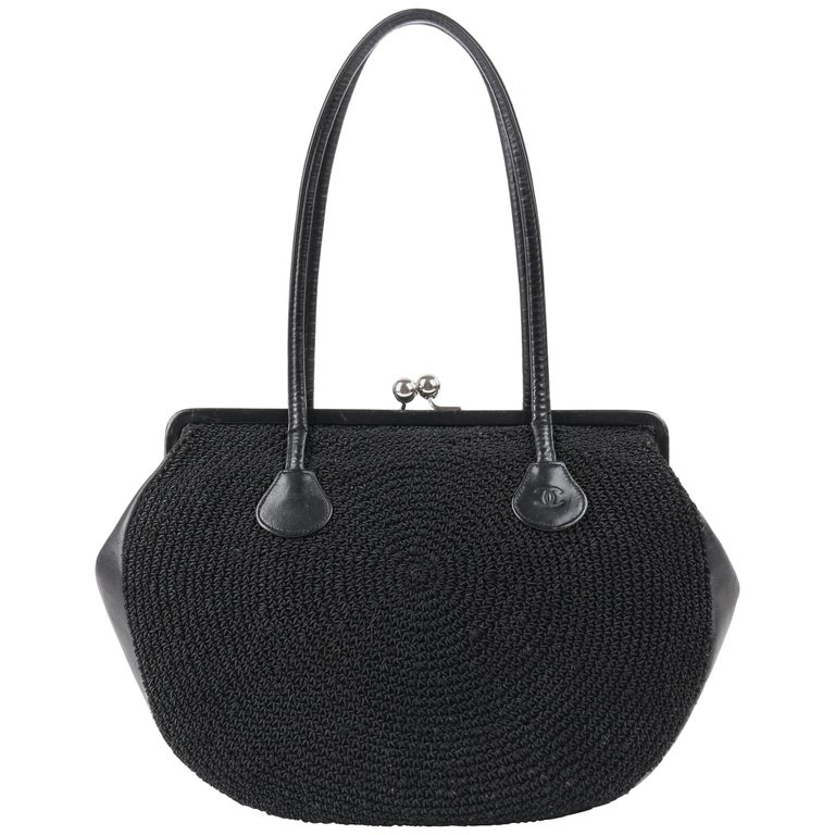 CHANEL c.1990's Black Woven Leather Kiss Lock Shoulder Bag Purse at ...