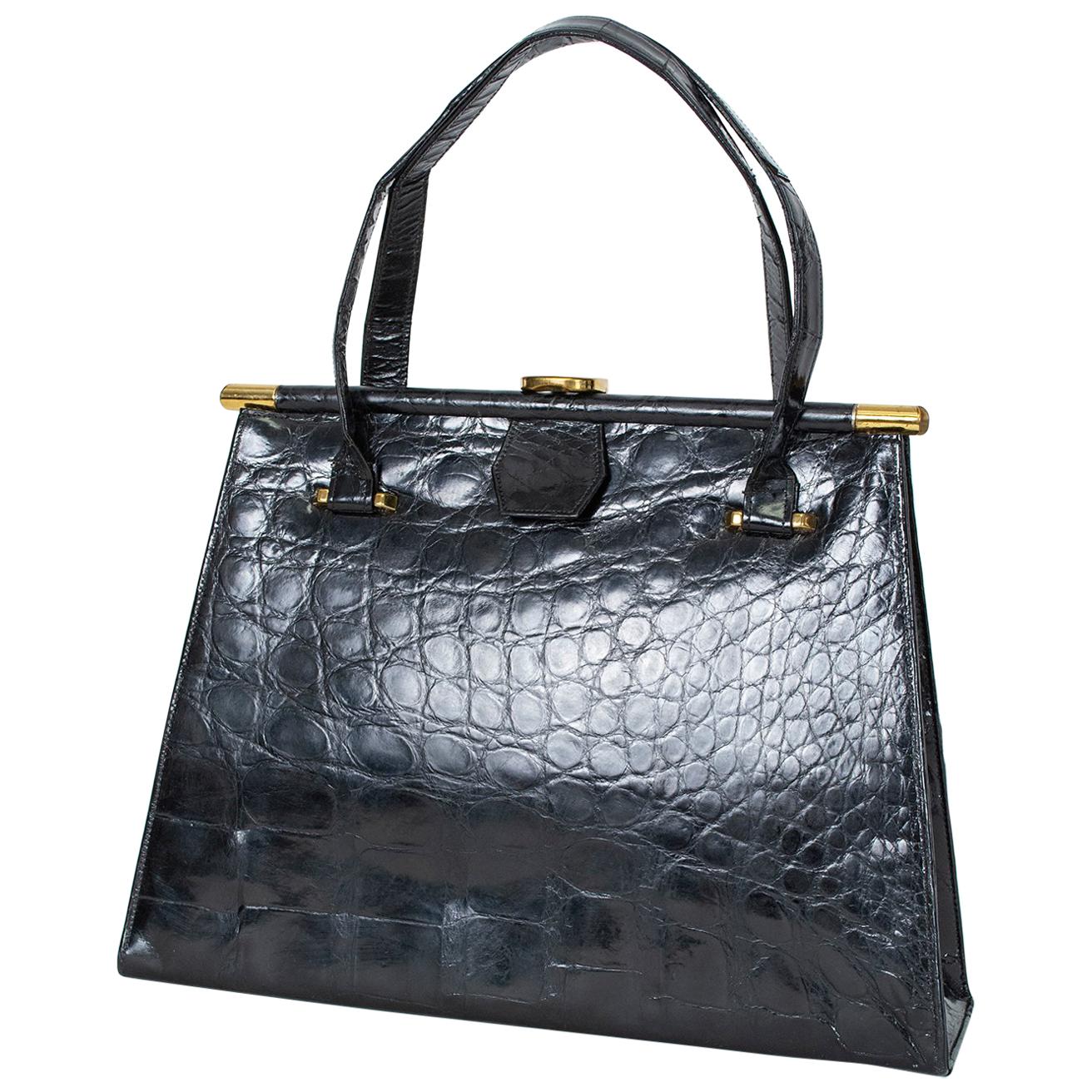 XL Black Gloss Hard-Sided Geometric Alligator Handbag with Coin Purse, 1960s