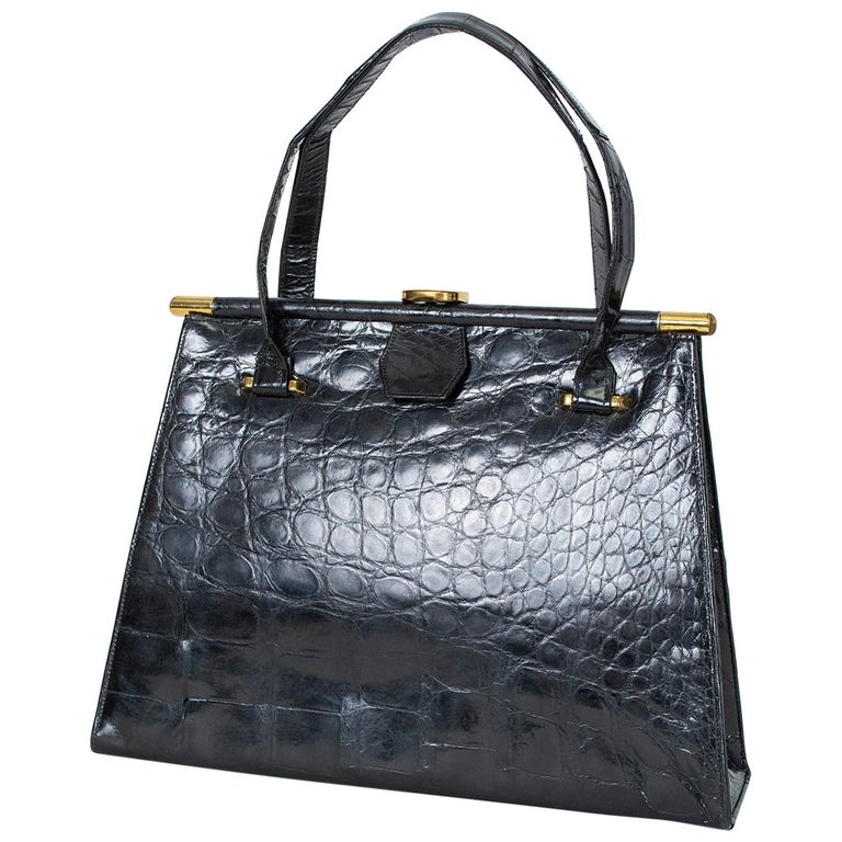 XL Black Gloss HardSided Geometric Alligator Handbag with Coin Purse