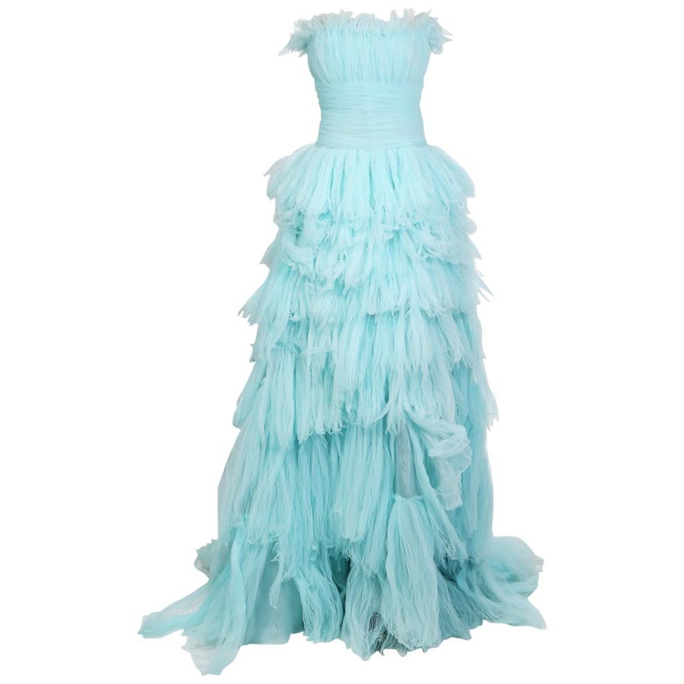 Oscar de La Renta Strapless Gown of Tiered Aqua Blue Tulle