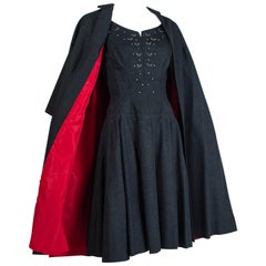 Black Silk Moiré Jeweled Tea Dress and Red-Lined Opera Coat Ensemble - XS, 1950s