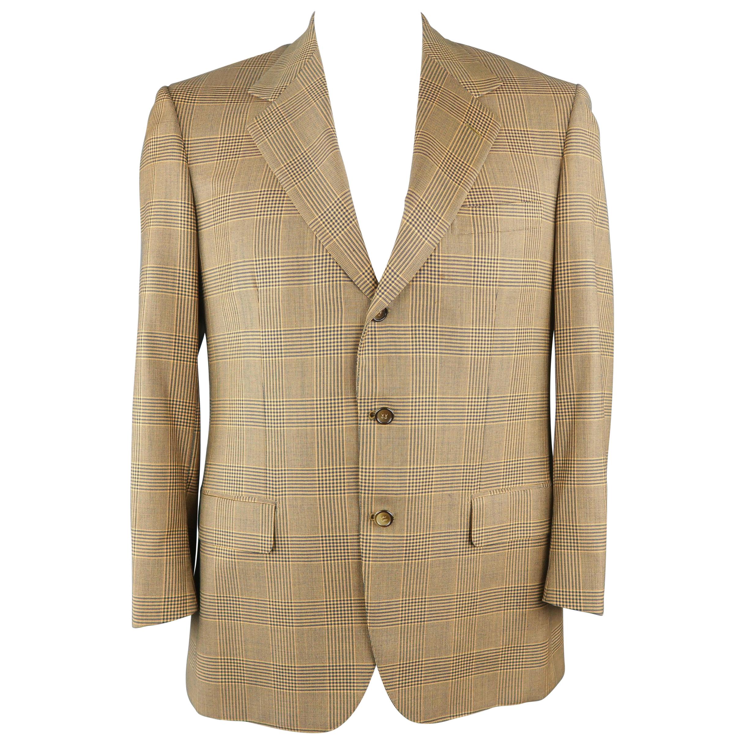 BRIONI 40 Regular Gold & Navy Plaid Wool Sport Coat