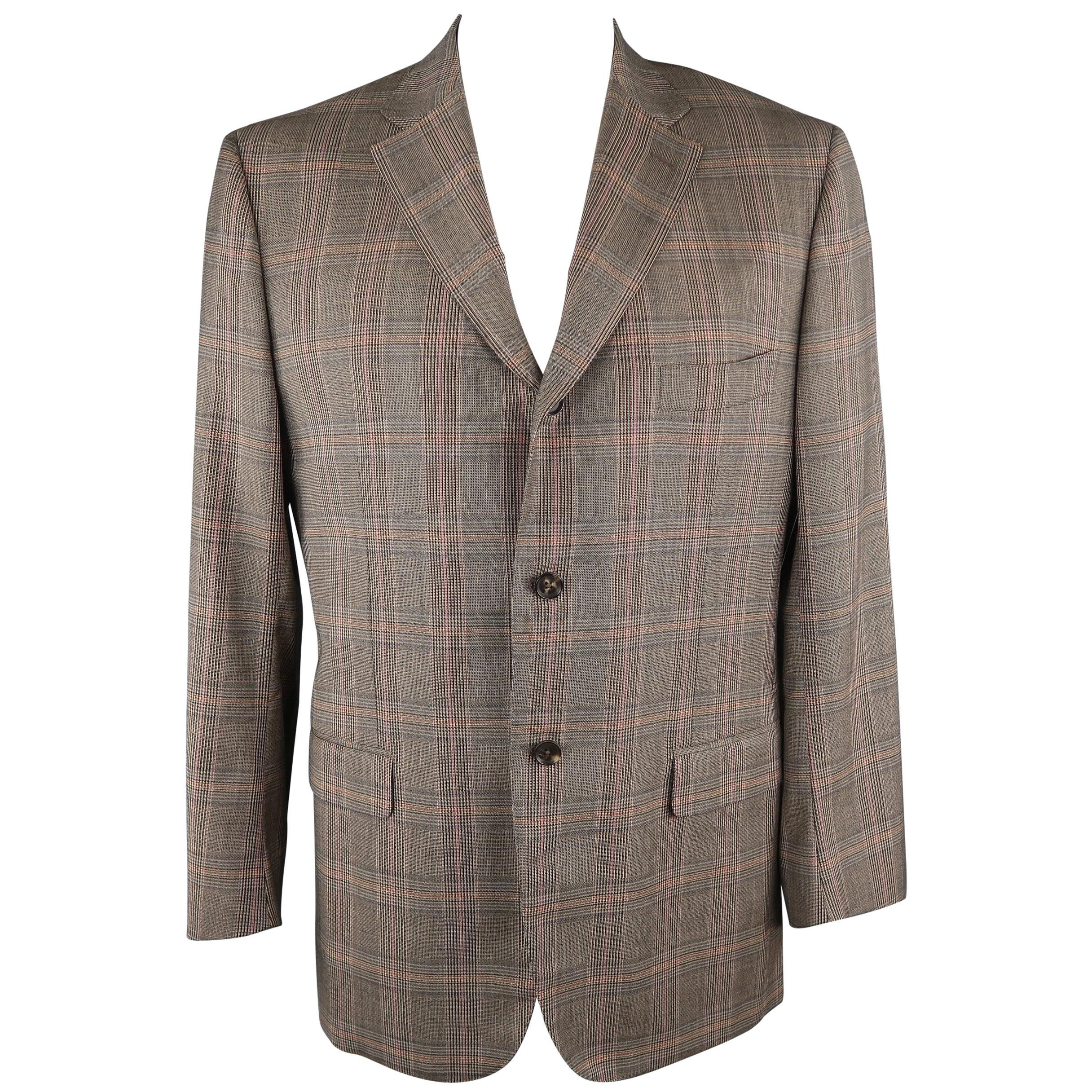 ISAIA 46 Long Brown Plaid Wool Sport Coat