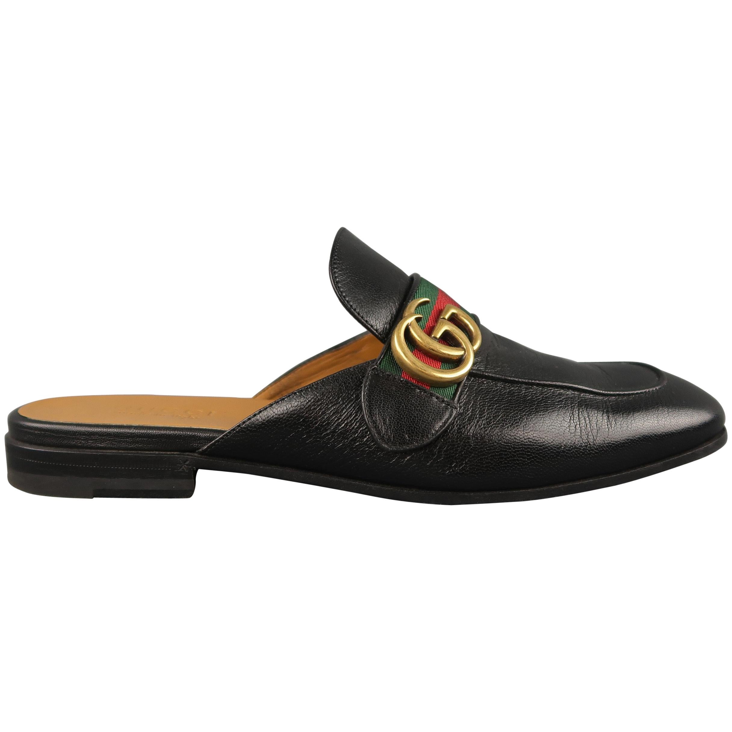GUCCI Size 9.5 Black Striped Trim Princetown Double Gold G Loafers