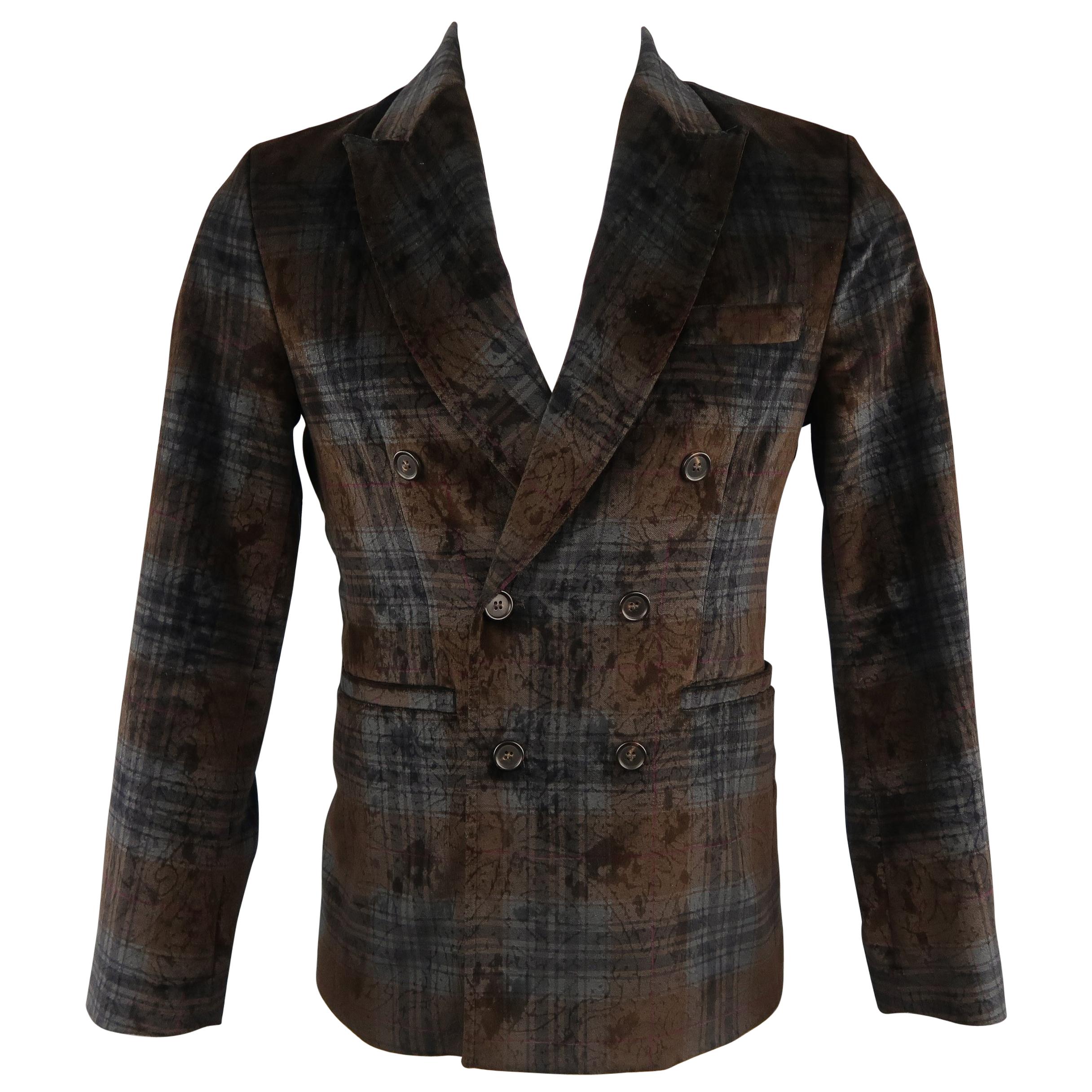 ANTONIO MARRAS 34 Short Double Breasted Black & Brown Plaid Velvet Sport Coat