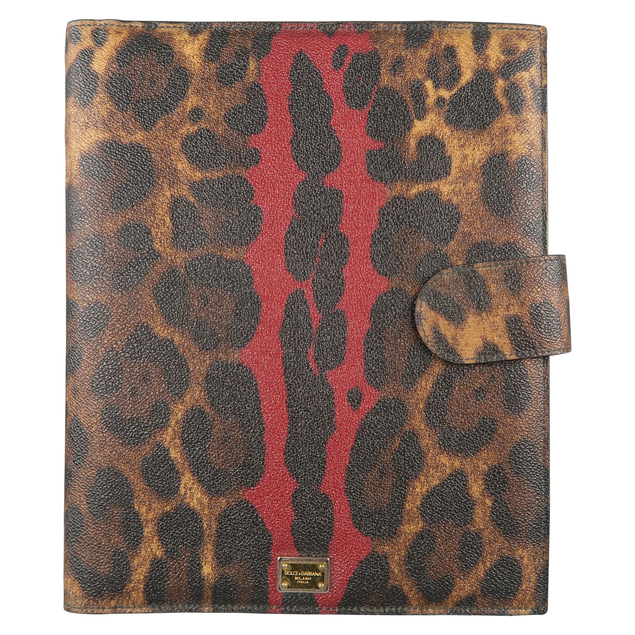 DOLCE & GABBANA Tan & Burgundy Coated Leopard Print Canvas Tablet Case