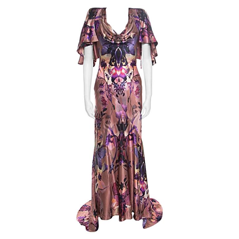 Alexander McQueen Floral Butterfly Printed Silk Cape Back Detail Evening Gown S