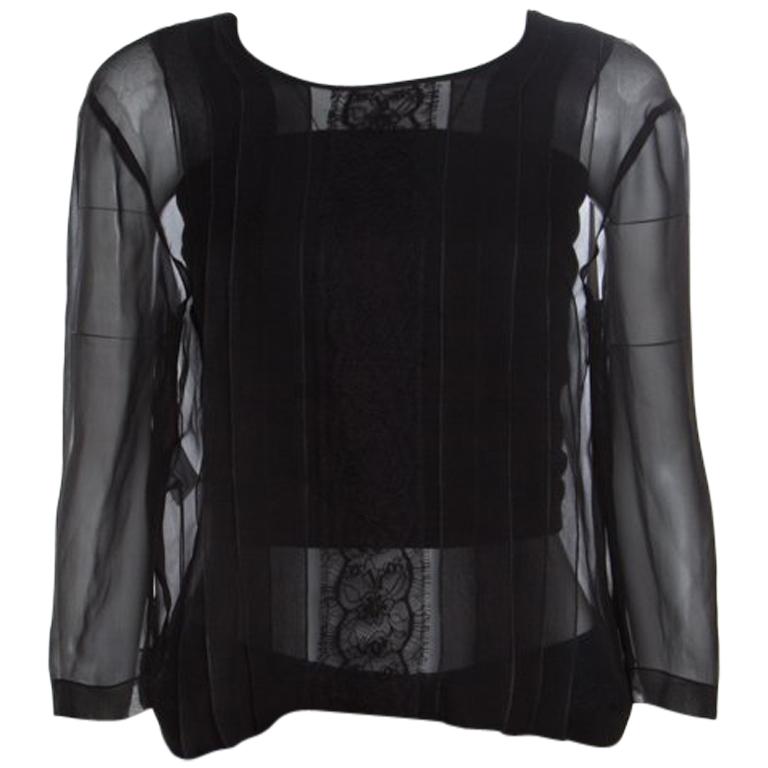 Alberta Ferretti Black Sheer Silk Lace Panel Detail Pleat Front Blouse M