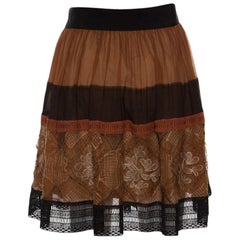 Alberta Ferretti Brown Silk Colorblock Lace Panel Detail Gathered Skirt L