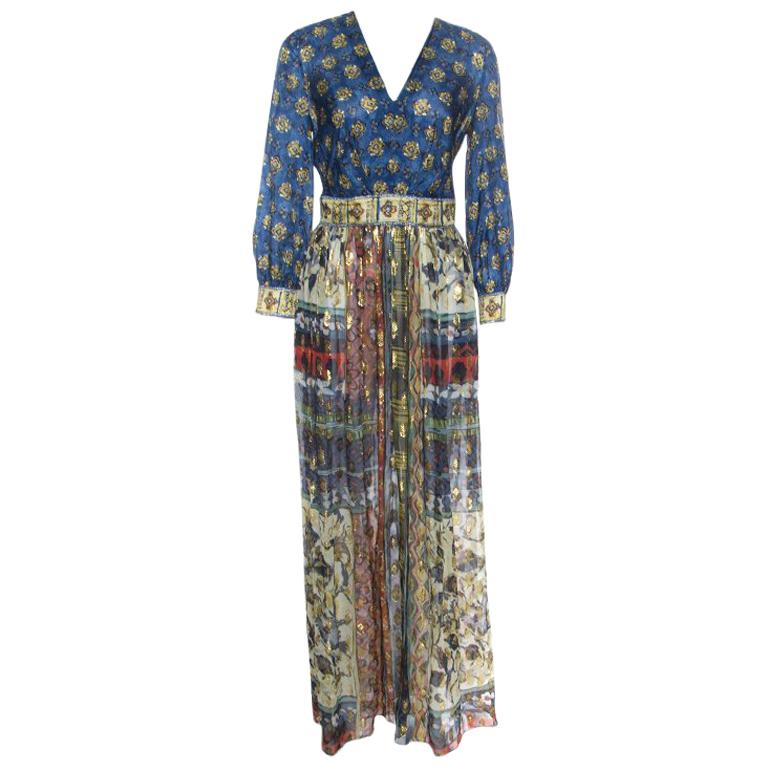 Alberta Ferretti Printed Silk Lurex Jacquard Peasant Sleeve Maxi Dress S