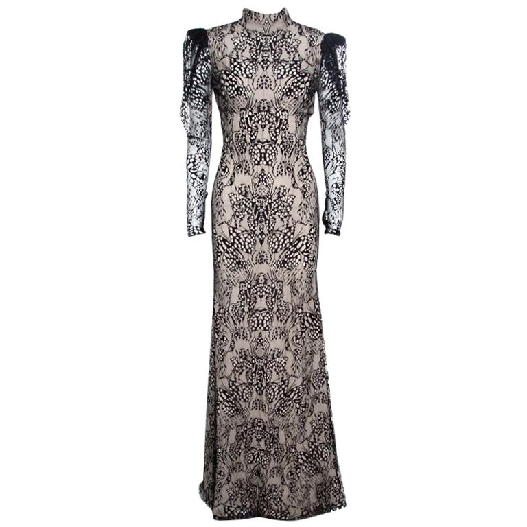 Alexander McQueen Beige and Black Backless Butterfly Lace Gown M